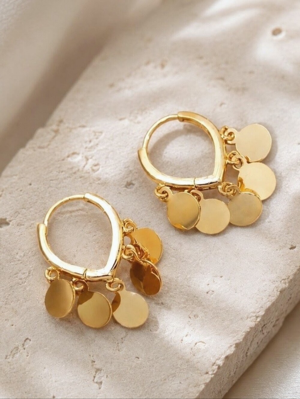 Gold Coin Disk Huggie Hoop Earrings